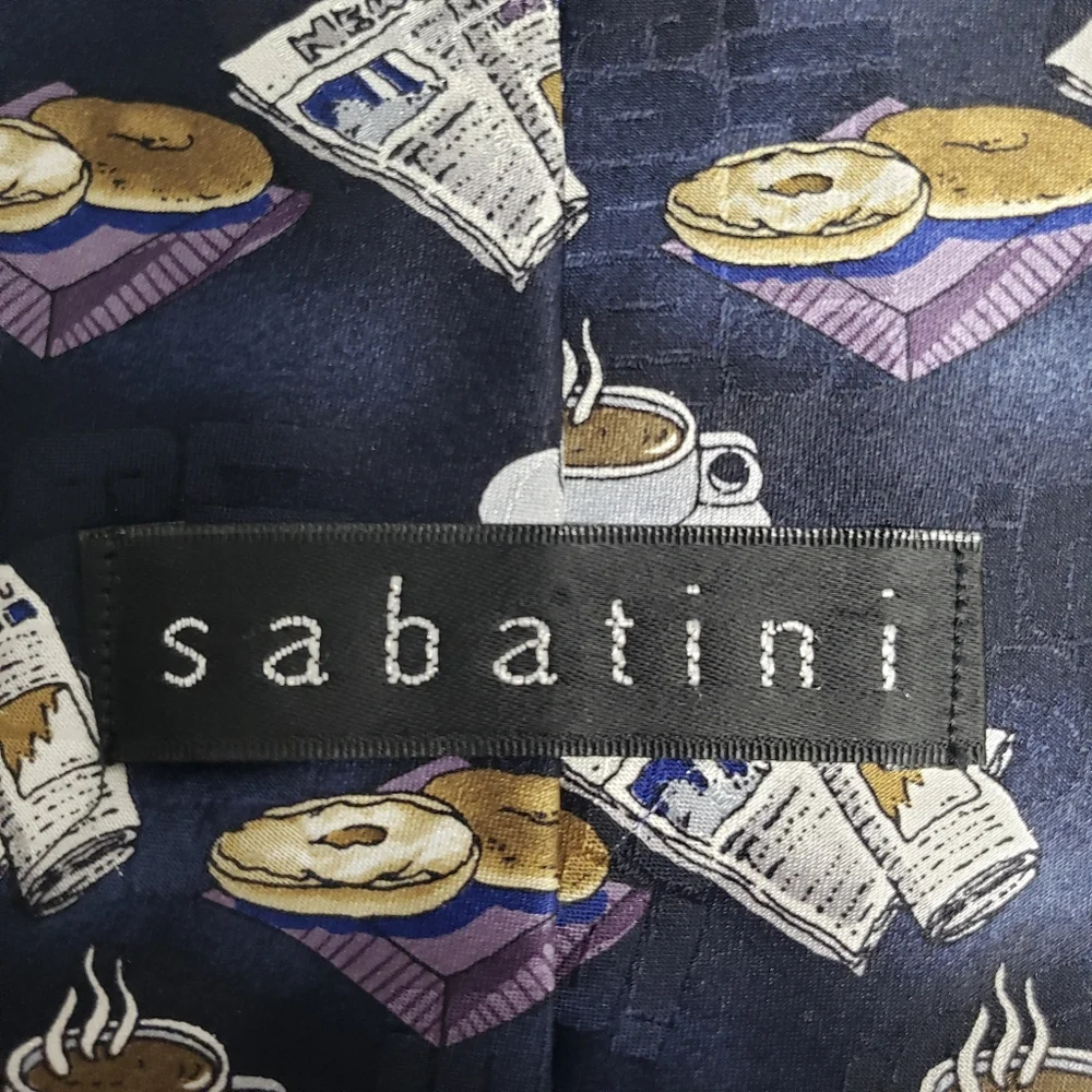 Sabatini Mens All Silk Tie Coffee Newspapers Bagel Life is Good Prints